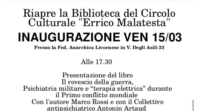 Livorno: riapre la Biblioteca del Circolo culturale “Errico Malatesta”