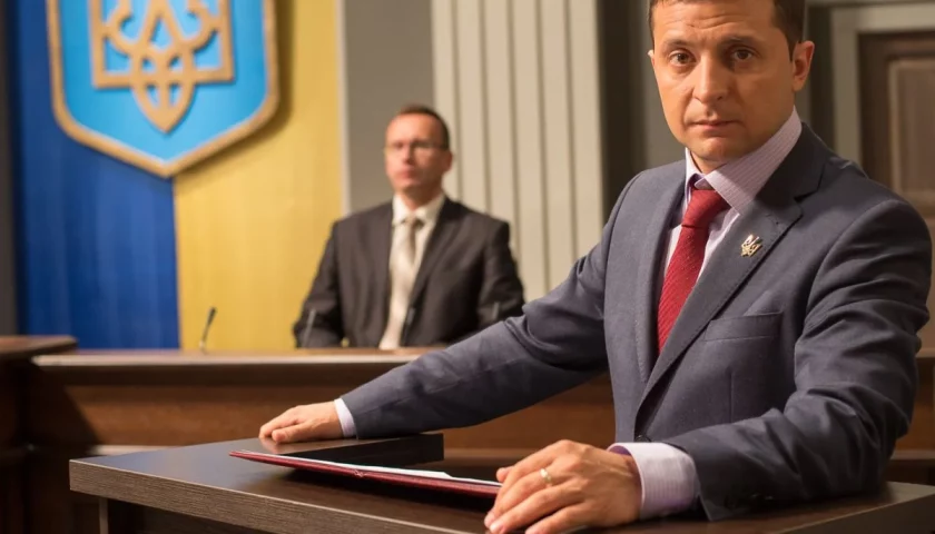 Volodymyr Zelenskyy in una scena del telefilm "Слуга народу" (Il servitore del popolo), 2015.