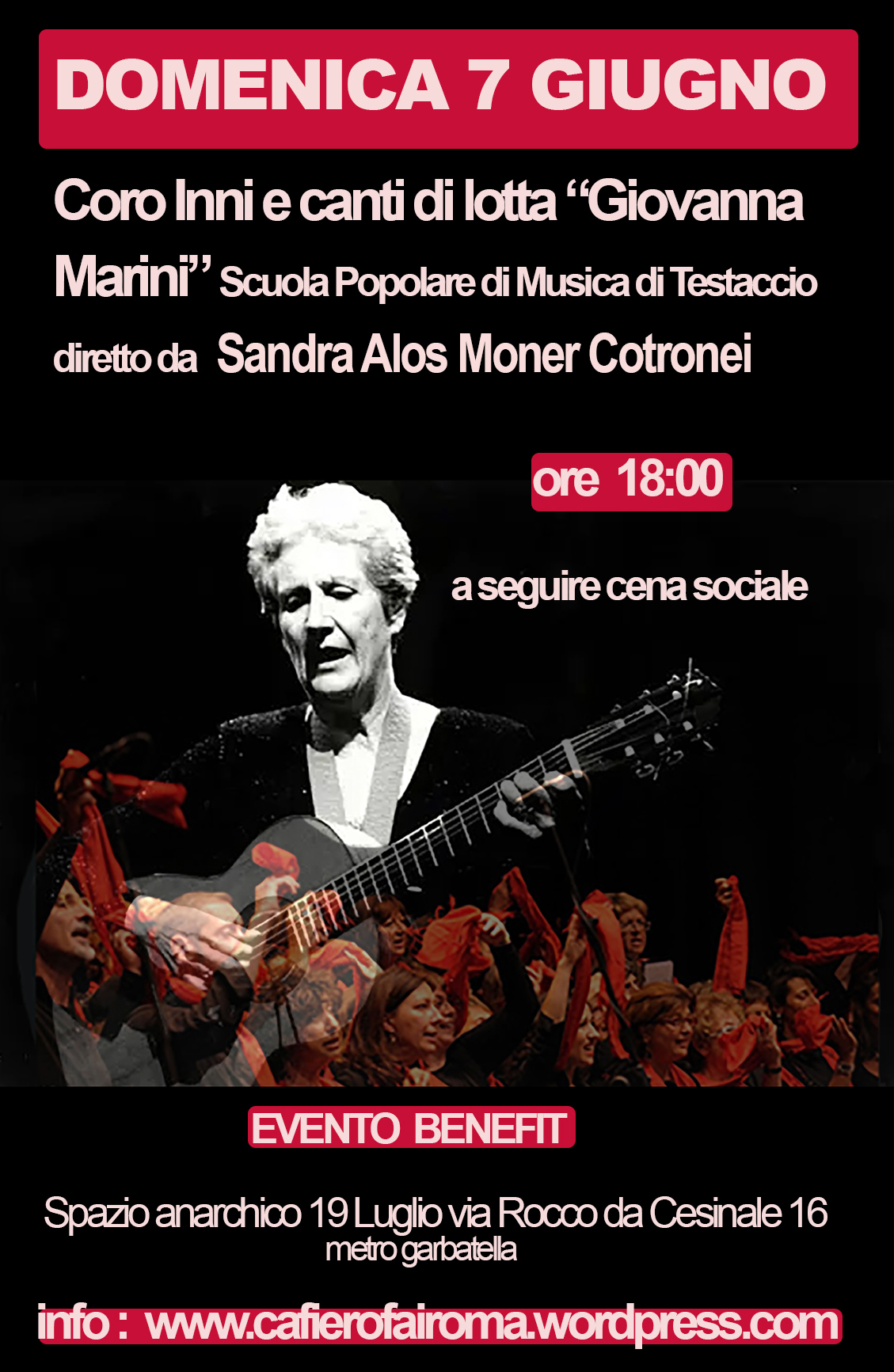 Domenica 7 giugno 2026 coro Inni e Canti di Lotta "Giovanna Marini" Scuola popolare di Musica di Testaccio diretto da Sandra Alos Moner Cotronei